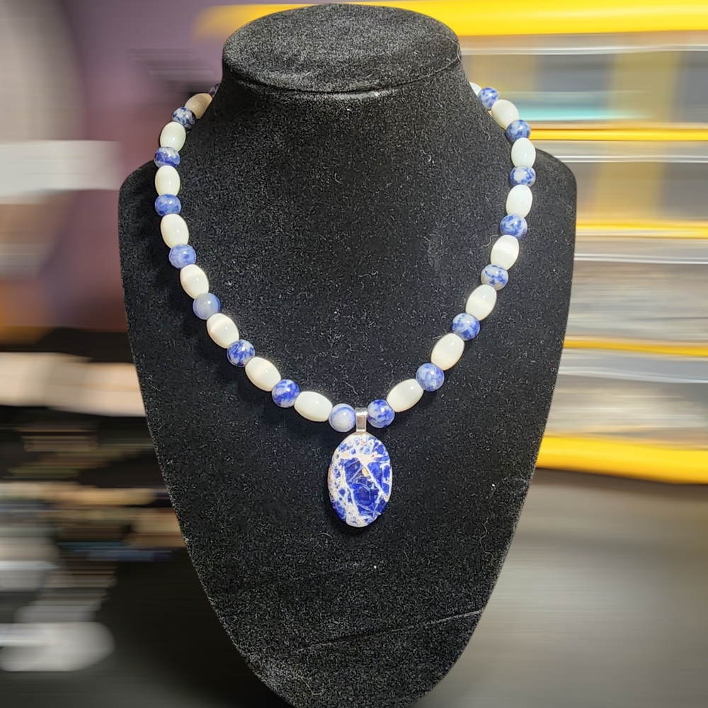 Blue and White Sodalite Beaded Necklace